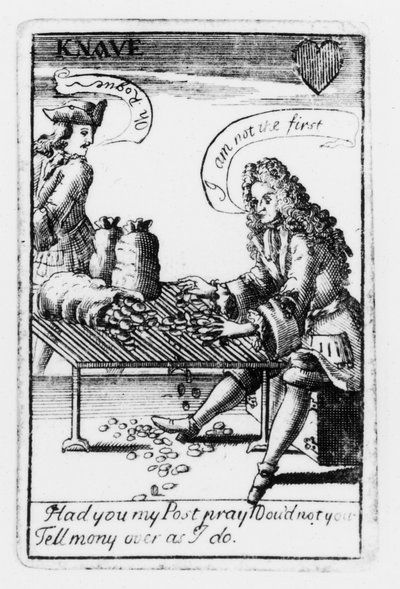 Cartas de juego conmemorativas de la Guerra de Sucesión Española, palo de corazones, c.1707 (detalle) de English School