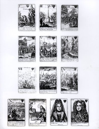 Cartas de juego que conmemoran la Guerra de Sucesión Española, palo de corazones, c.1707 de English School