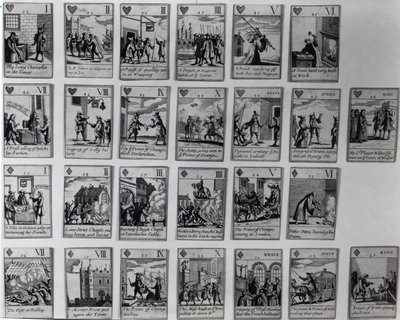 Cartas de juego que representan episodios de la Revolución Gloriosa de 1688-89, c.1689 de English School