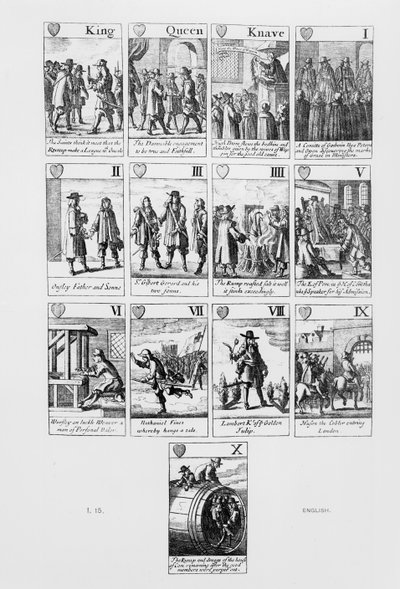 Cartas de juego con escenas del Parlamento Rump de English School
