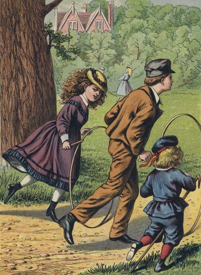 Jugando con aros en el parque (litografía en color) de English School