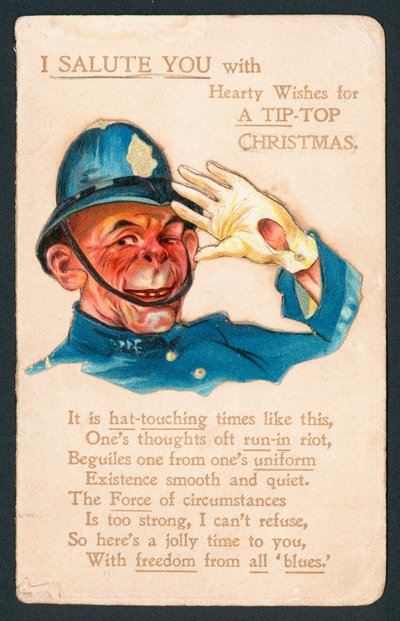 Oficial de policía saludando, tarjeta de Navidad de English School