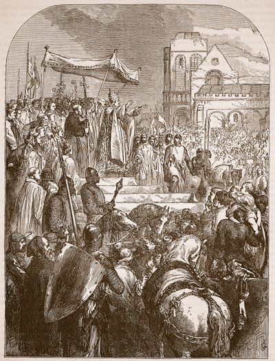 El Papa Urbano II predicando la Primera Cruzada en el mercado de Clermont, 1096, ilustración de Cassells Illustrated History of England de English School