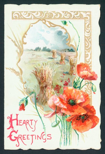 Amapolas y escena de cosecha, tarjeta de English School