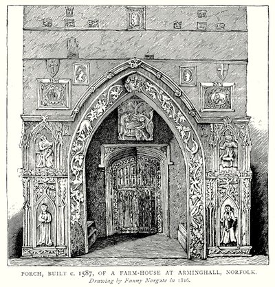 Porche, construido hacia 1587, de una granja en Arminghall, Norfolk (grabado) de English School