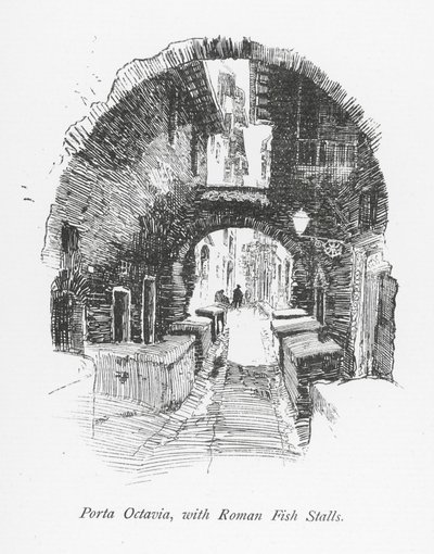 Porta Octavia, con puestos romanos de pescado (litografía) de English School