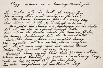 Parte de la Elegía de Gray, en la letra del poeta, ilustración de The Church of England: A History for the People por H.D.M. Spence-Jones de English School