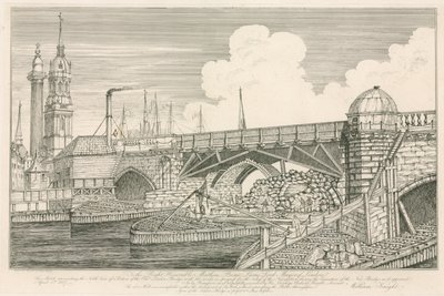 Parte del antiguo Puente de Londres, dibujado en 1827 durante las obras de construcción de English School