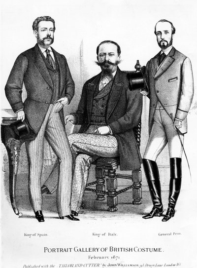 Galería de Retratos del Traje Británico, presentando a los Reyes de España e Italia y al General Prim, publicado con el Sastre y Cortador, 1871 de English School