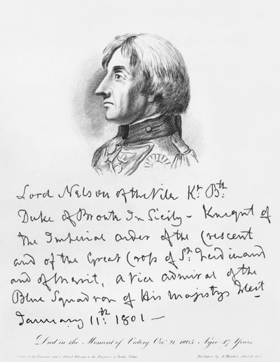 Retrato del Almirante Horatio Nelson con su caligrafía de English School