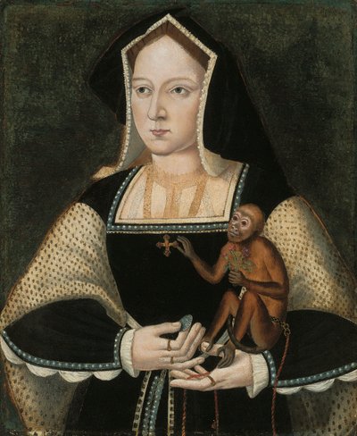 Retrato de Catalina de Aragón (1485-1536), reina de Inglaterra, de medio cuerpo, con un vestido blanco y negro con una cruz colgante, sosteniendo un tití y una moneda (óleo sobre tabla) de English School