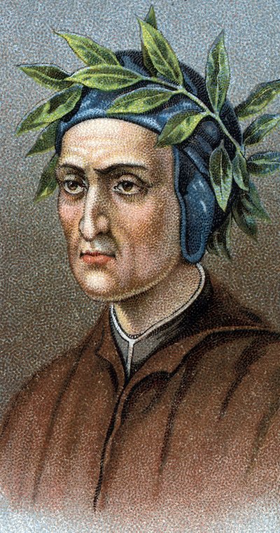 Retrato de DANTE ALIGHIERI (1265-1321) poeta italiano - De la serie “Líderes de Hombres” - Cromolitografía - Escuela Inglesa, siglo XX de English School