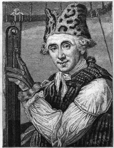 Retrato de John Jeffries (1745-1819), físico estadounidense. Fue representado con el traje aeronáutico que usó en 1785 cuando cruzó el Canal de la Mancha en un globo aerostático. (De un grabado inglés, publicado en 1786). (Colección Tissandier). Grabado en de English School