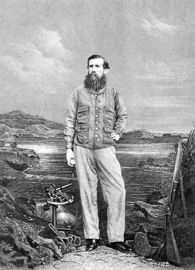 Retrato de John Speke (1827-64) frente al Lago Victoria, frontispicio del Diario del Descubrimiento de la Fuente del Nilo publicado en 1863 de English School