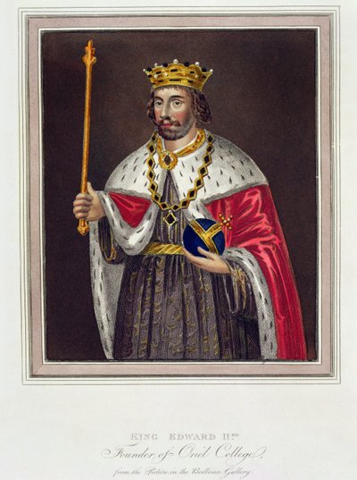 Retrato del Rey Eduardo II (1284-1327) Fundador del Oriel College, después de una pintura en la Biblioteca Bodleiana (grabado en color) de English School