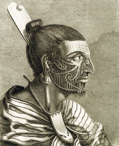 Retrato de hombre maorí con tatuajes Ta Moko de English School