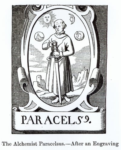 Retrato de Paracelso (Philippus Aureolus Theophrastus) (1493-1541), ilustración de Ciencia y Literatura en la Edad Media y el Renacimiento, escrito y grabado por Paul Lacroix, 1878 de English School