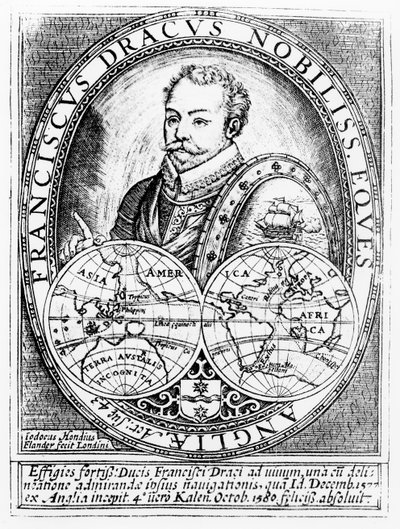 Retrato de Sir Francis Drake a los 43 años, grabado por Jodocus Hondius de English School