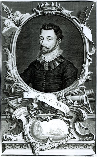 Retrato de Sir Francis Drake (c.1540-96) grabado por Jacobus Houbraken (grabado) de English School