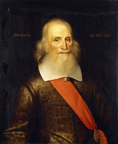 Retrato de Sir Oliver Cromwell, de 84 años, medio cuerpo, con un jubón bordado, cuello blanco y banda roja de English School
