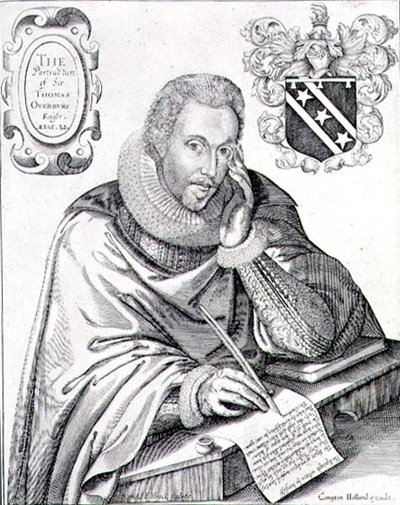 Retrato de Sir Thomas Overbury (1581-1613) escribiendo su epitafio, grabado por Renold Elstrack de English School