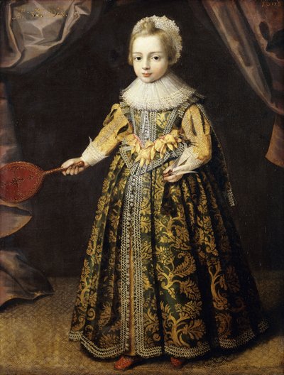 Retrato de un niño de 3 años, de pie con un vestido verde bordado con oro, una gorra de encaje y una gorguera, sosteniendo una raqueta y un volante, 1605 de English School