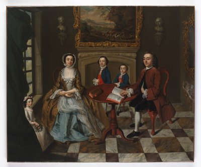 Retrato de una familia en un interior, se cree que es la familia Roubel, 1750s de English School