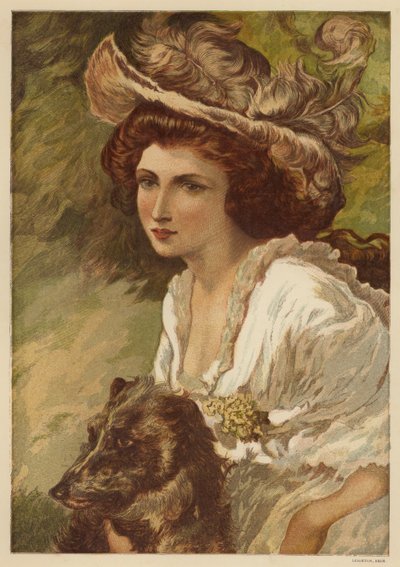 Retrato de una mujer joven con un perro (litografia en color) de English School