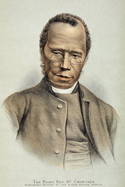 Retrato del Reverendo Dr. Samuel Adjai Crowther (c.1800-91) (litografía en color) de English School