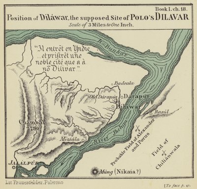 Posición de Dilawar, el supuesto emplazamiento del Dilavar de Polo (litografía en color) de English School