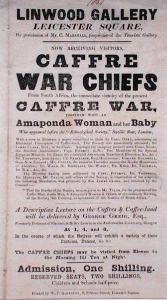Póster anunciando una Conferencia sobre los Jefes de Guerra Caffre en la Galería Linwood de English School