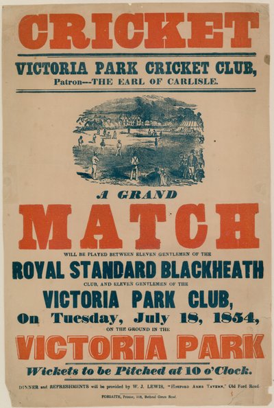 Póster anunciando un partido de críquet en Victoria Park Cricket Club el 18 de julio de 1854 de English School