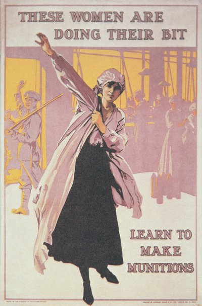 Póster que muestra a mujeres fabricando municiones de English School