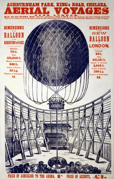 Póster promocionando "Viajes aéreos sobre Londres", pub. 1867 (litografía en color) de English School