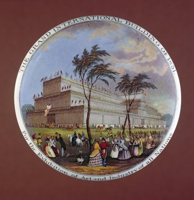 Tapa de maceta que representa el Palacio de Cristal, por T.J. y J. Mayer, Dale Hall, Longport, Staffordshire. de English School