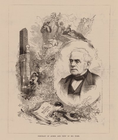 Retrato de Auber y vista de su tumba (grabado) de English School
