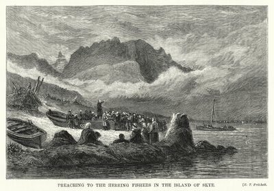 Predicando a los pescadores de arenque en la isla de Skye (grabado) de English School