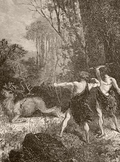 Hombre prehistórico cazando con arco y flecha y lanza de English School