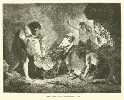 Hombre prehistórico produciendo fuego de English School