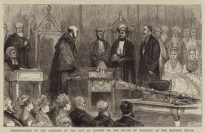 Presentación de la Libertad de la Ciudad de Londres al Seyyid de Zanzíbar en la Mansion House (grabado) de English School