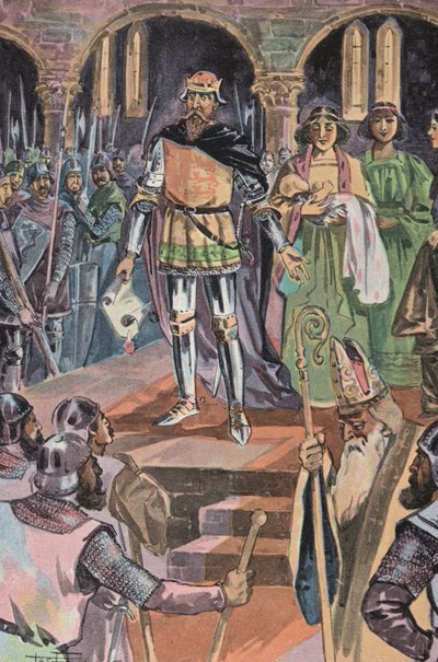 Presentación del Príncipe a los jefes galeses (litografía en color) de English School