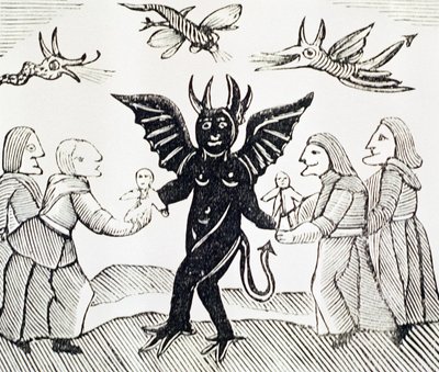 Presentación de niños al diablo, copia de una ilustración de La bruja de los bosques utilizada en una colección de folletos sobre esoterismo de English School