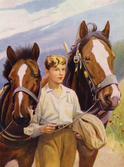 Guapa moza de cuadra con el pelo corto guiando a dos caballos (litografía en color) de English School