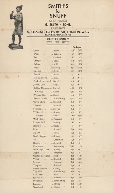 Lista de precios para G Smith & Sons, Tienda de Tabaco de English School