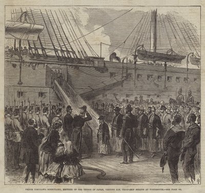 El Príncipe Tokugawa Minbutaiho, hermano del Tycoon de Japón, visitando el barco de tropas de SM Serapis en Portsmouth de English School