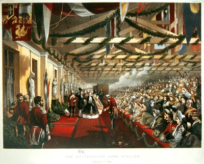 La princesa Alexandra de Dinamarca llegando a Londres el 7 de marzo de 1863 a la estación de Bricklayers Arms con su futuro esposo, el Príncipe de Gales. 1863 de English School