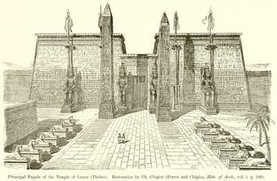 Fachada Principal del Templo de Luxor (Tebas). Restauración por Ch. Chipiez (Perrot y Chipiez, Hist. de Arch., vol. i. p. 349) de English School