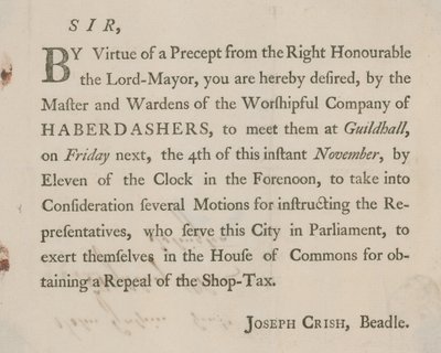 Carta impresa de Joseph Crish, Bedel de Guildhall, Londres de English School