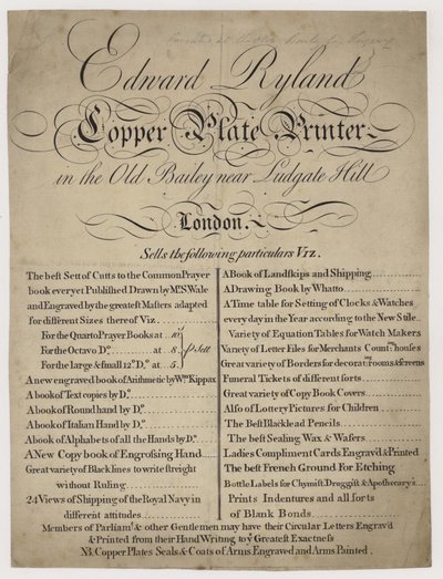 Impresor, Edward Ryland, tarjeta comercial de English School