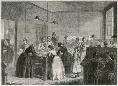 Oficina de impresión (Victoria Press) en Great Coram Street, para el empleo de mujeres como tipógrafas de English School